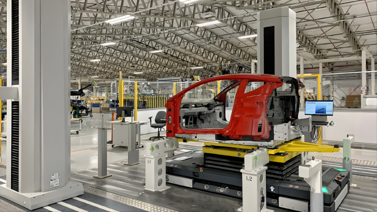 CMM automotriz midiendo carrocería en planta de producción.