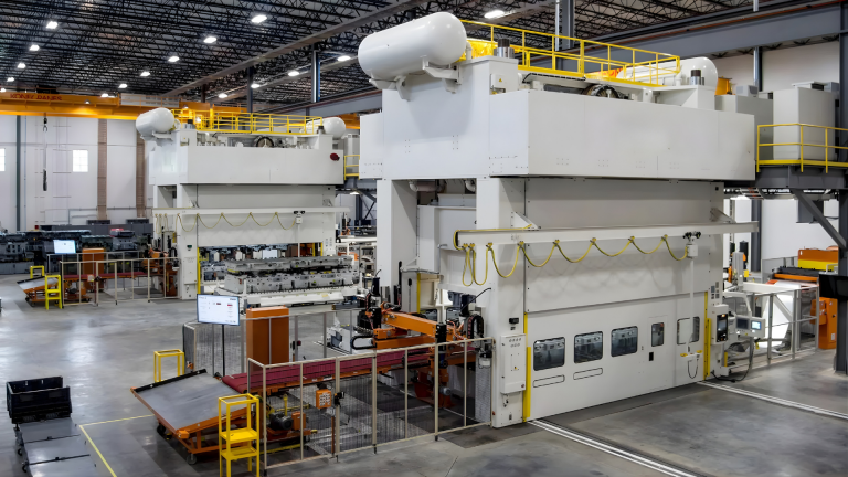 Prensas industriales automatizadas operando en planta de manufactura.