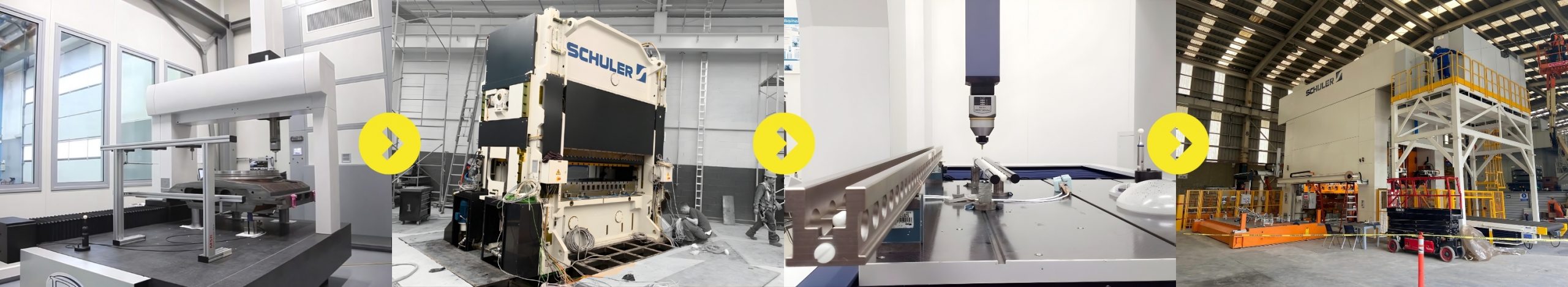 Collage que muestra la instalación de prensas industriales Schuler y sistemas de medición por coordenadas CMM en naves industriales.