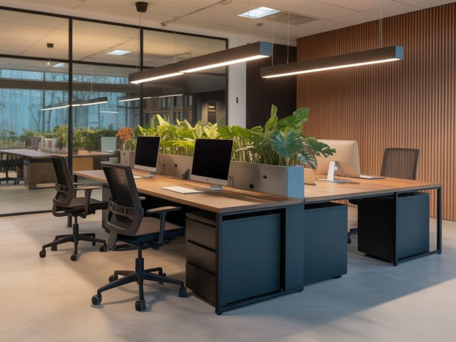 Diseño moderno de oficina corporativa con iluminación y áreas colaborativas.