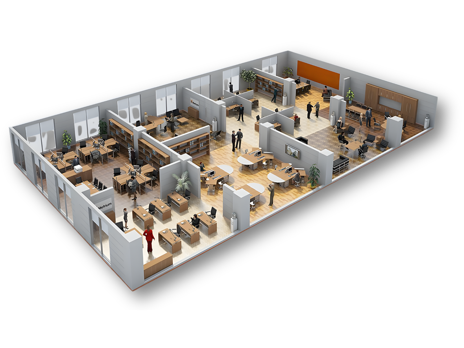 Remodelación de oficinas corporativas con diseño funcional y distribución estratégica del espacio.