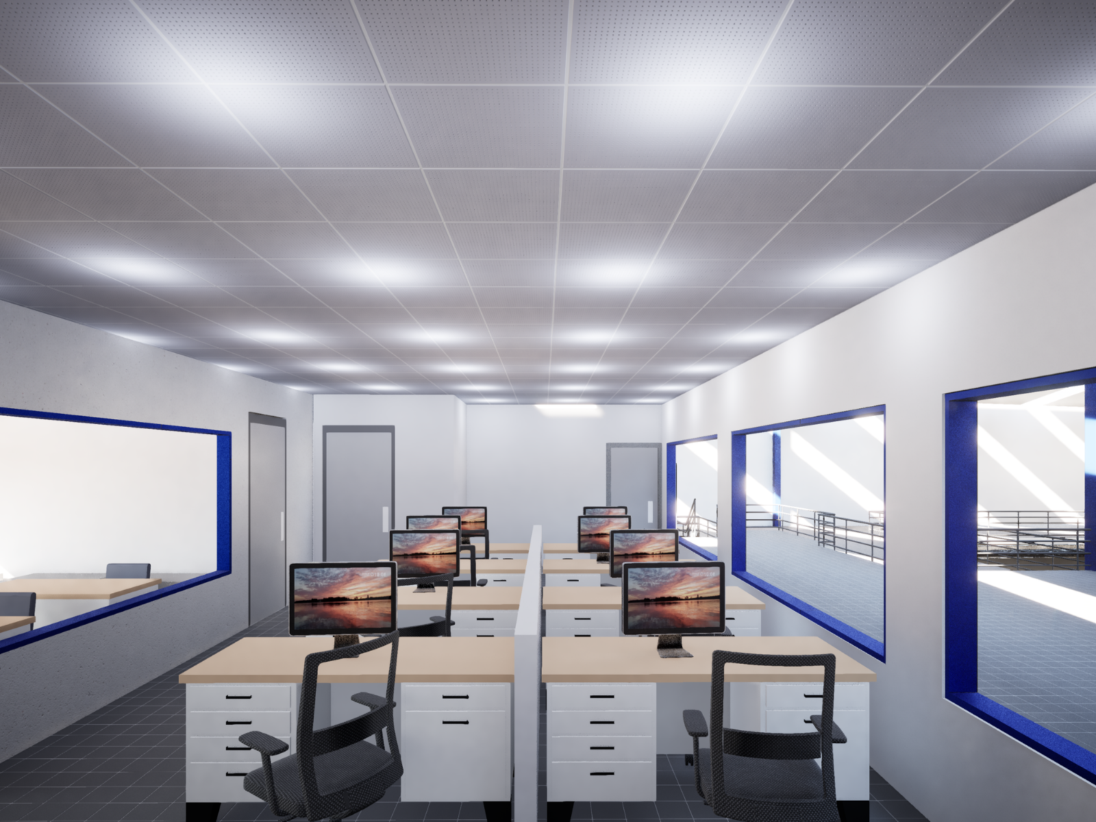 Prototipo de oficina corporativa con estaciones de trabajo modulares.