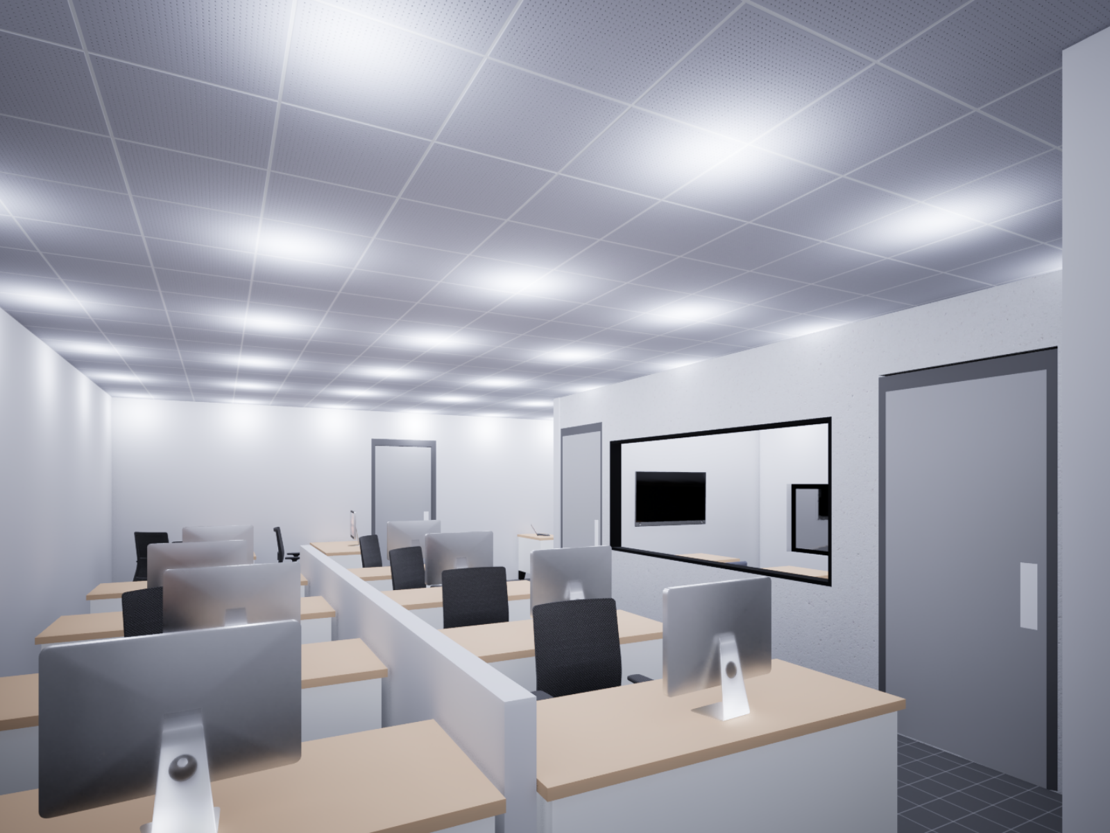 Render 3D de una oficina abierta con múltiples estaciones de trabajo blancas, monitores y sillas ergonómicas bajo una iluminación de plafón cuadriculado.