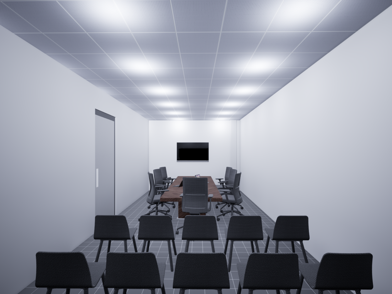 Render 3D de una sala de juntas ejecutiva remodelada con una gran mesa de madera central, sillas ergonómicas negras, iluminación LED moderna y pantallas para videoconferencias.Render 3D de una sala de juntas ejecutiva remodelada con una gran mesa de madera central, sillas ergonómicas negras, iluminación LED moderna y pantallas para videoconferencias.