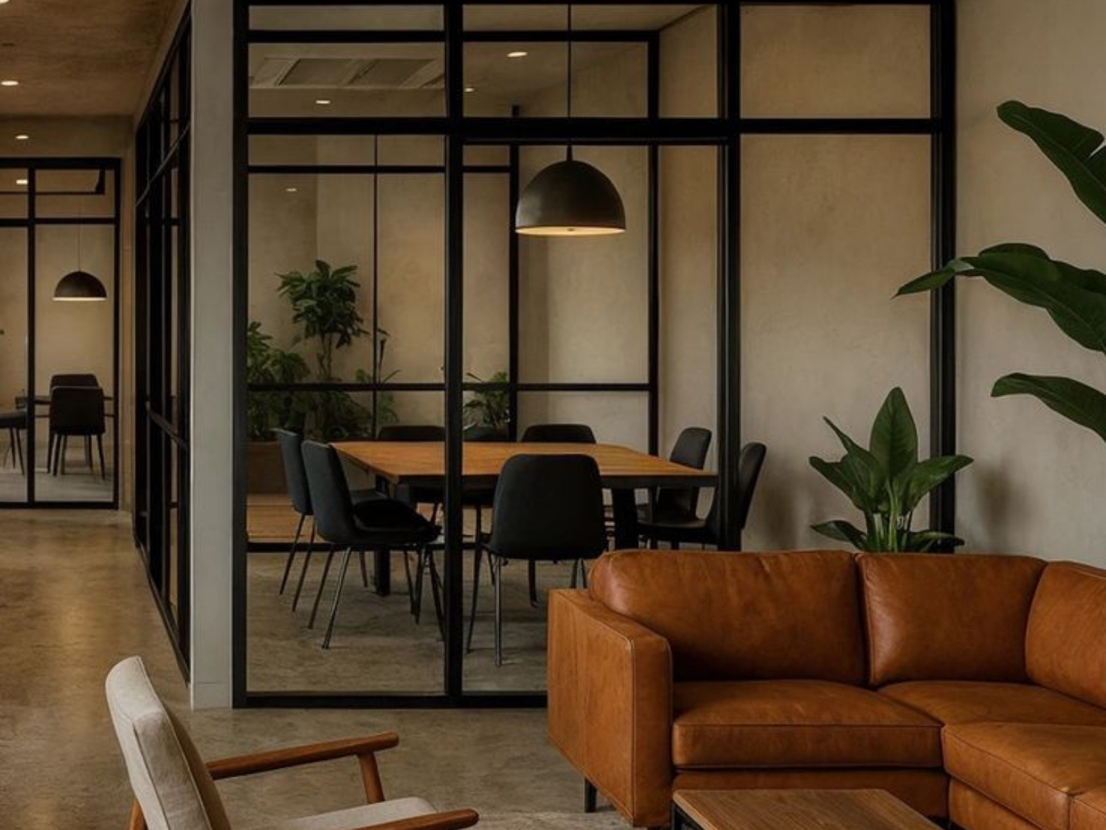 Sala de espera de diseño industrial con sofá de cuero color terracota, mesa de madera y divisiones de cristal con marcos negros que muestran una sala de juntas al fondo.